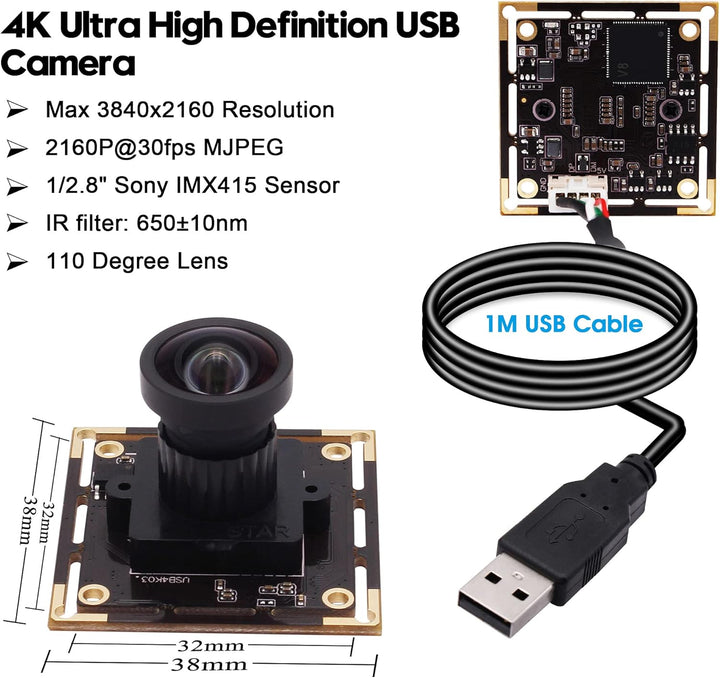 Svpro 4K USB Kameramodul Ultra HD Mini USB Kameraboard mit 110 Grad Objektiv Weitwinkel ohne Verzerr