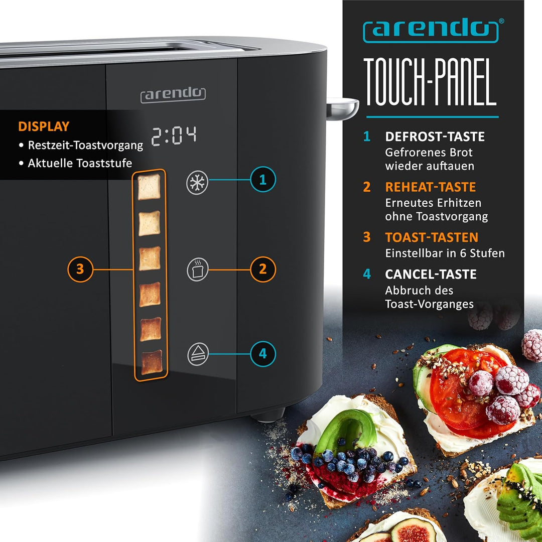 Arendo - Edelstahl Toaster 2 Scheiben Langschlitz - Touchscreen – Doppelwandgehäuse – Integrierter B
