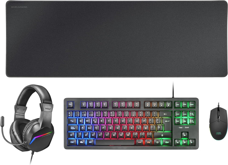 MARSGAMING MCP-RGB3, Pack Gaming Tastatur Fixed RGB + Gaming Maus RGB Flow 3200 DPI + Headset Over-E