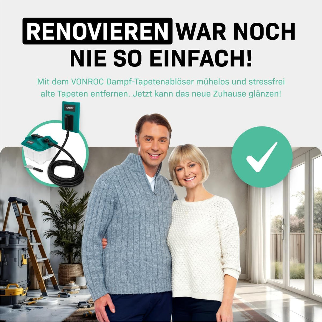 VONROC Tapetenlöser 2300 W – 4,5 l – 4 m langer Schlauch, Spachtel für Wände und 2 Dampfplatten im L