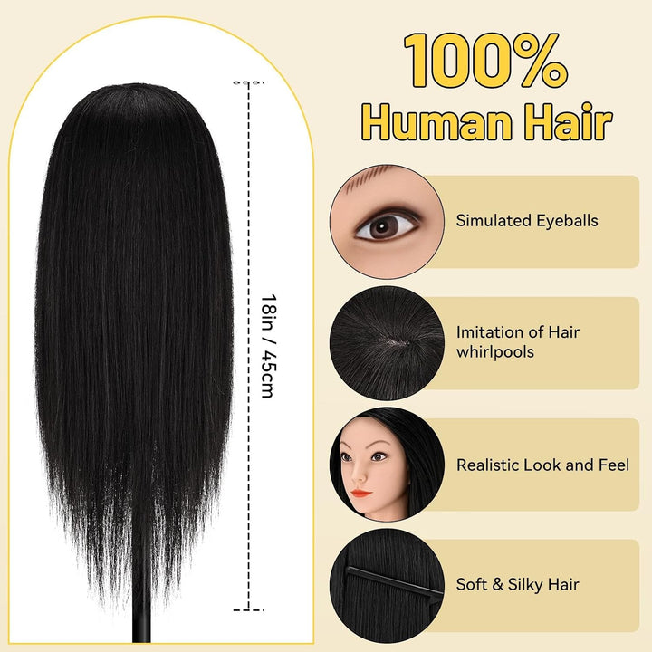 Yofuly 18Inch Trainingsköpfe für Friseure Übungskopf, 100% Echthaar Kosmetik Schaufensterpuppenkopf
