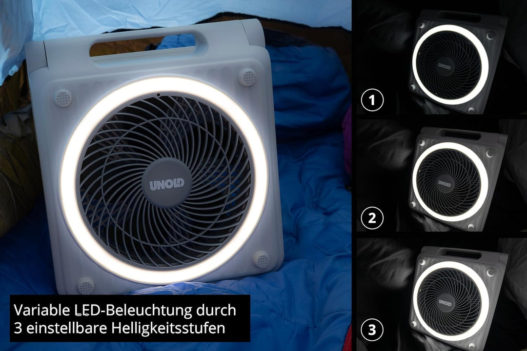 Unold 86517 Standventilator – Solarventilator für Camping | Akku-Solar-Ventilator mit LED-Beleuchtun
