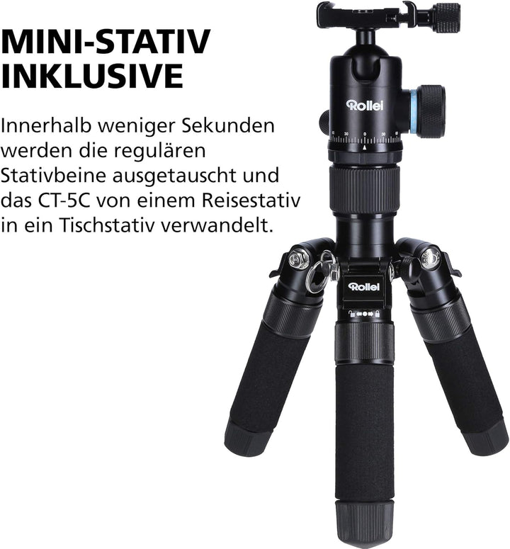 Rollei Carbon Stativ CT-5C I 3-in-1 Kamera-Stativ, Mini-Stativ und Monopod I 157 cm max. Höhe, 43 cm