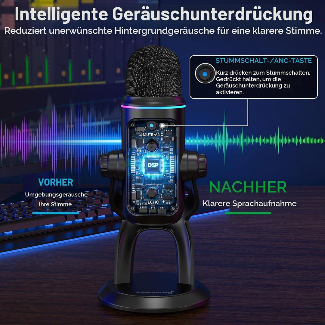 zealsound USB Mikrofon für PC &amp; Smartphone, Plug &amp; Play Podcast Mikrofon mit Rauschunterdrückung, St