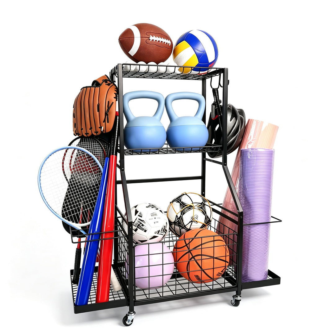 Garagen-Sportgeräte-Organizer, Garagenregal mit Haken und Rädern, Sportorganizer & Ballablage für Fu