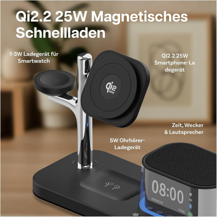 Kabellose Ladestation 5-in-1 mit Wecker, Bluetooth-Lautsprecher & LED-Nachtlicht für MagSafe von MMO