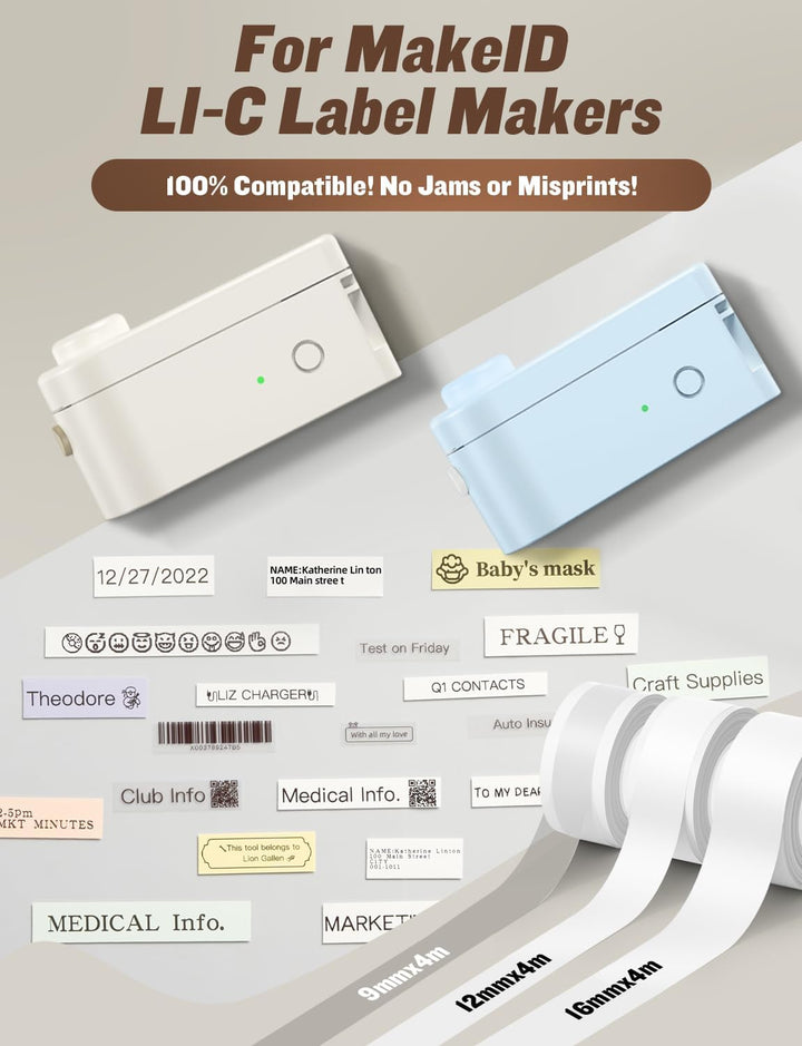 Makeid L1-C Etikettierband Nachfüllpackungen, 16mm x 4m Kontinuierliche Etiketten, 3 Rollen, Thermol