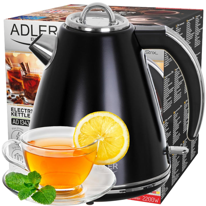 Adler AD 1343 Wasserkocher aus Metall, 1,5 l, Schwarz 1.5 Liter Schwarz, 1.5 Liter Schwarz