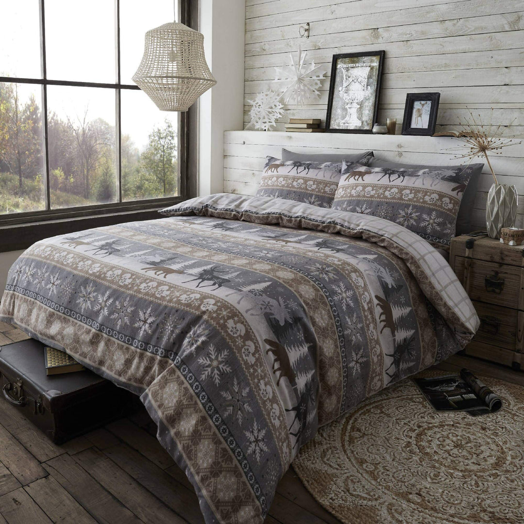 Happy Linen Company Bettwäsche-Set mit nordischem Motiv - warm &amp; wendbar - 100% angeraute Baumwolle