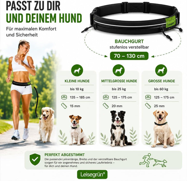 Leisegrün Joggingleine für mittelgrosse Hunde bis 25 kg – Freihand-Hundeleine mit verstellbarem Bauc