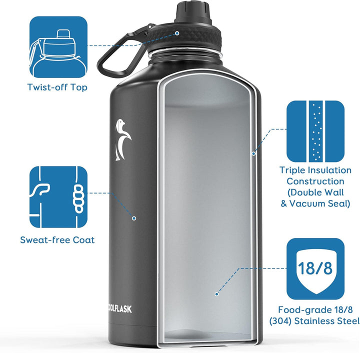 Coolflask Isolierte Wasserflasche, Doppeltes Vakuum Auslaufsicher, Leicht zu reinigen, Wasserflasche