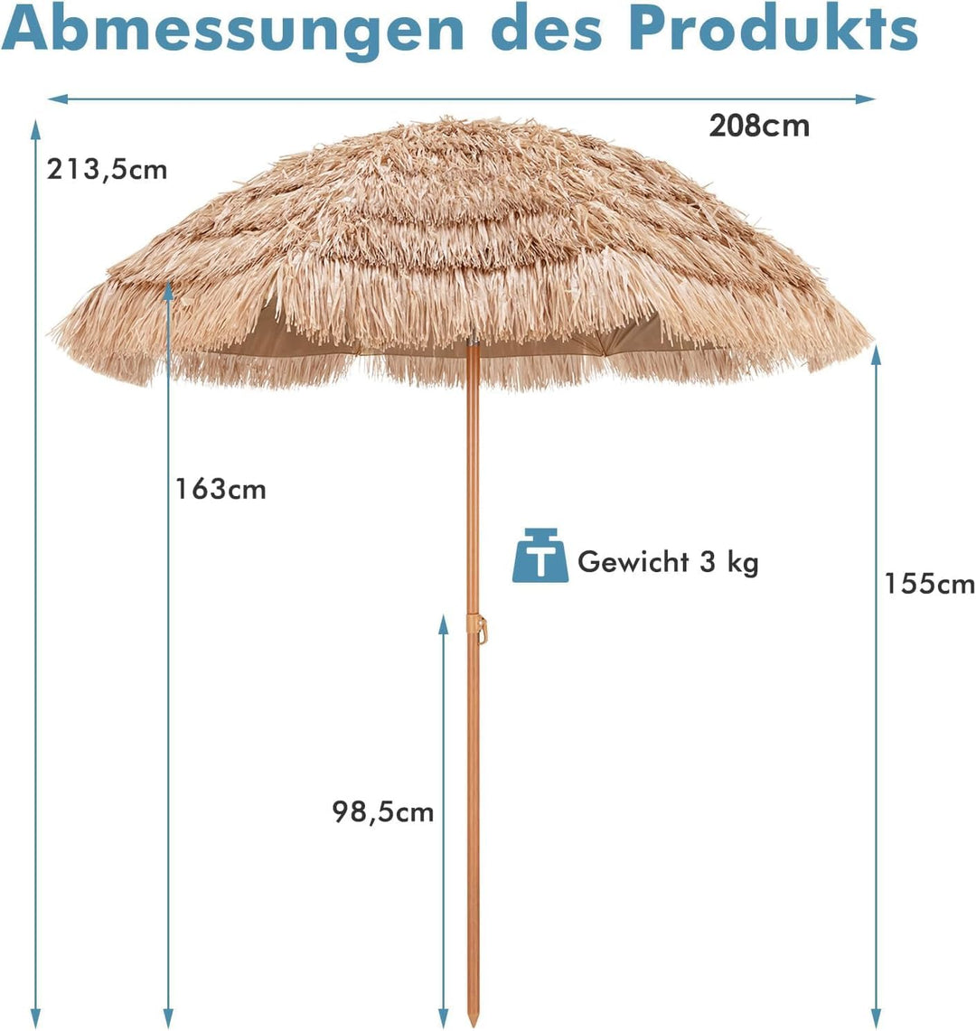 GOPLUS Sonnenschirm Hawaii, Ø 208 cm Sonnenschirm Stroh um 30° knickbar, Strandschirm mit PP-Stroh &amp;