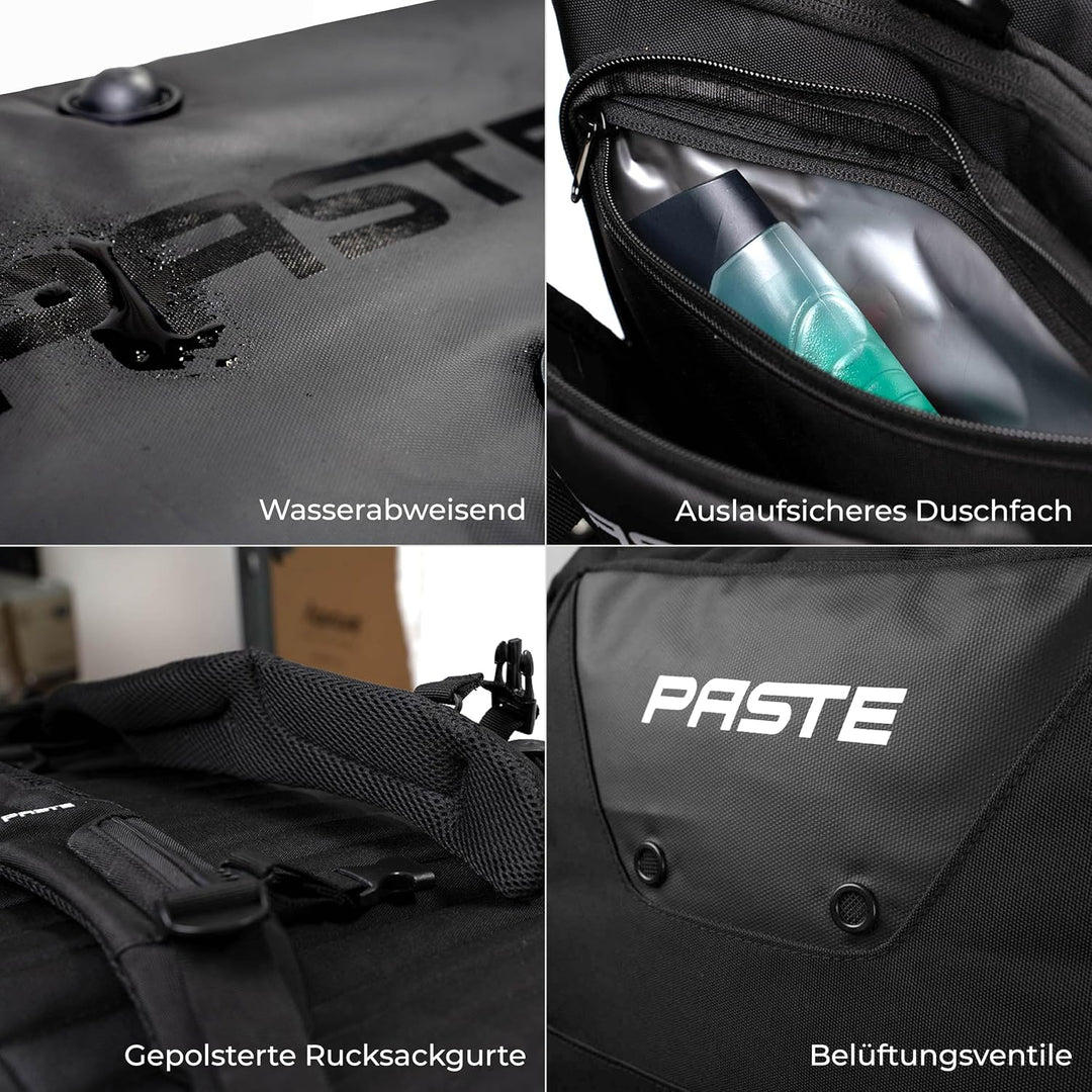 PASTE® - Premium Sporttasche 63L mit Rucksackfunktion und Kühlfunktion, Schuhfach & Nassfach Schwarz
