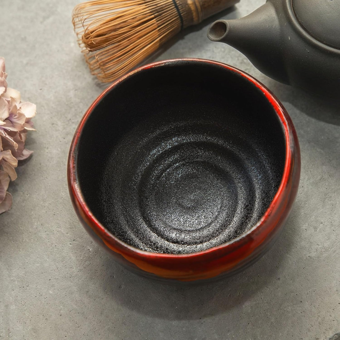 SASUGA Handgefertigte japanische Matcha-Schale, Mino-Ware Steingut Teeschale (Roter Pinselstrich) Ak