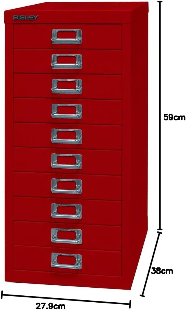 BISLEY MultiDrawer, 29er Serie, DIN A4, 10 Schubladen, Metall, 670 Kardinalrot, 38 x 27.9 x 59 cm
