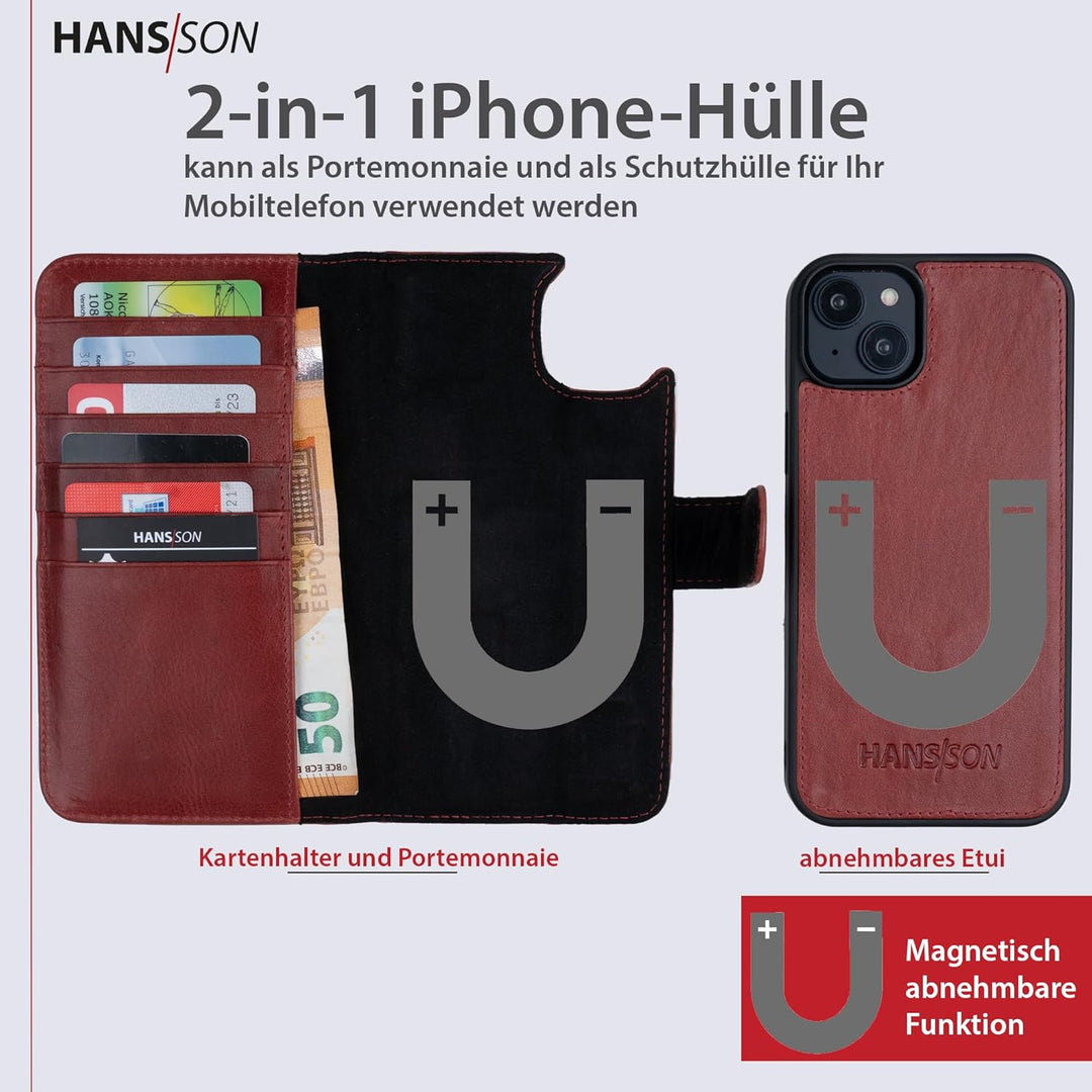 HANS/SON Echtlederhülle für iPhone 14 Plus | 6,7 Zoll | 2 in 1 Ledercase mit Kartenfächern | Roter G