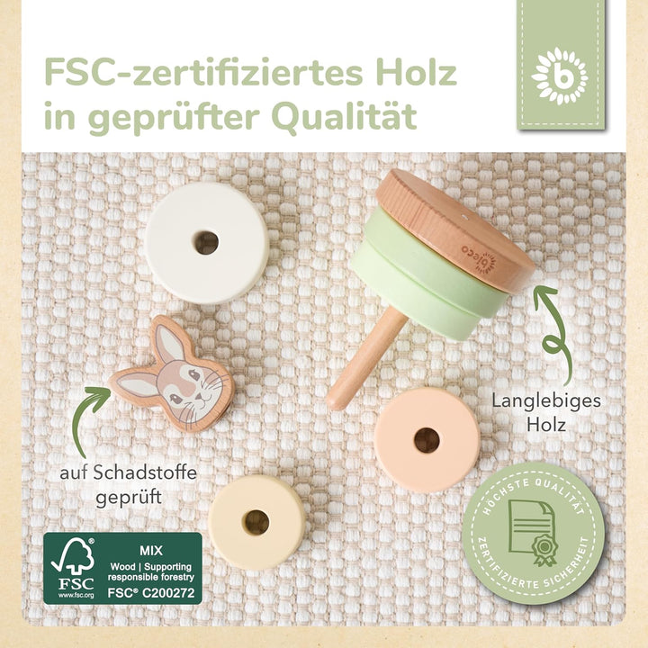 Bieco Hase Fine Stapelturm Baby Holz FSC® 19 cm Steckspiel ab 1 Jahr 7 tlg. Green Mix 10 x 10 x 18.5