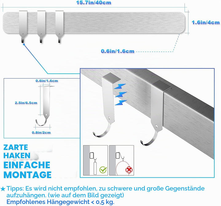 Fohil Messer Magnetleiste 40cm mit 3 Haken, Magnetleiste Edelstahl Messerhalter 16in Magnetisch Selb