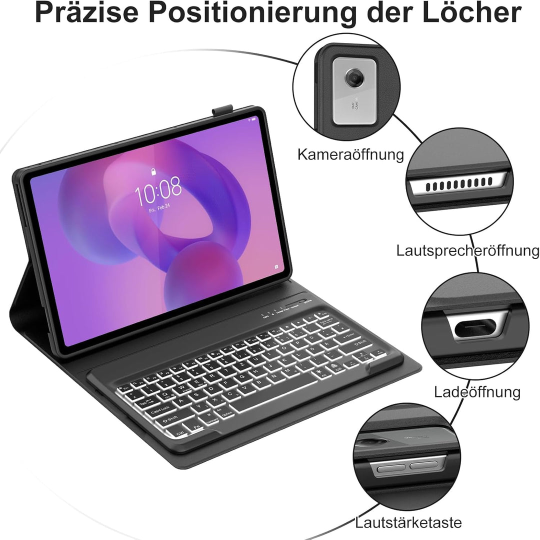 Hülle mit Tastatur für Lenovo Idea Tab Plus 12,1" 2025, 7 Farbige Beleuchtung, Bluetooth Abnehmbare