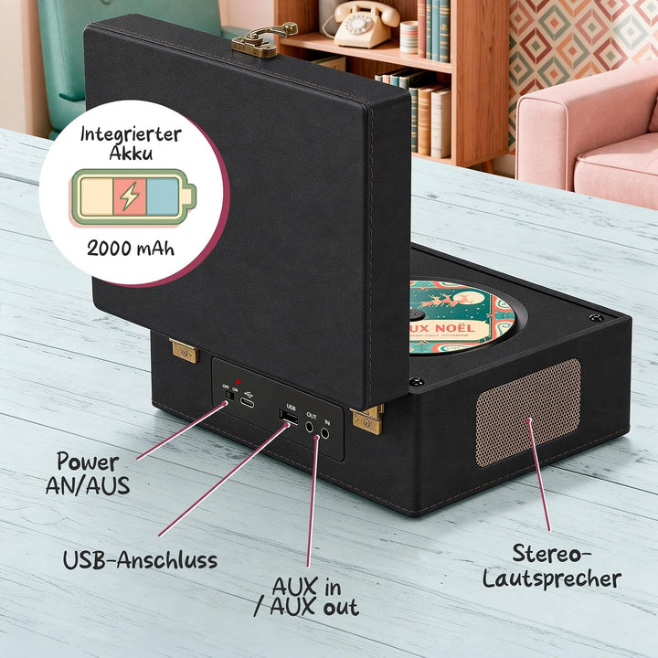 KLIM Retro CD Player – Tragbarer CD-Player mit Lautsprecher, Bluetooth-Empfänger, AUX, USB, Akku, Re