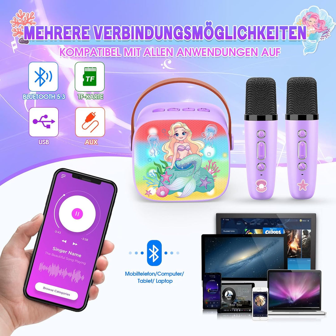 Dislocati Karaoke Maschine Kinder mit 2 Bluetooth Mikrofon, Meerjungfrauen Geschenke Spielzeug ab 3-