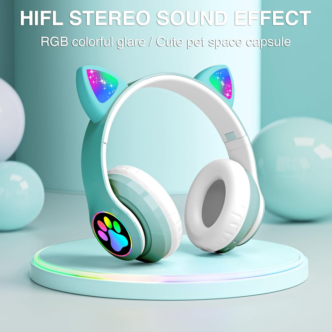 OHAANYY Katzenohr Kopfhörer Kindergeburtstag Geschenke Kind LED Katzenohren Einhorn Bluetooth Kabell