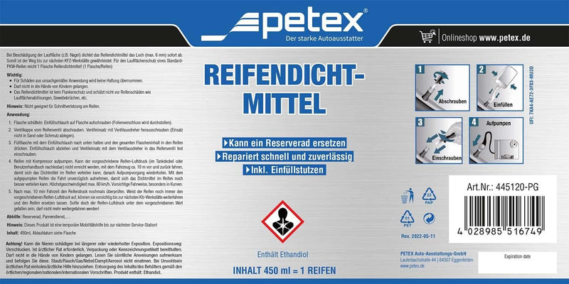 PETEX 445100 Reifenpannenset inklusive Luftkompressor 12V, 18 bar, inklusive 3-Teilig Adapterset und