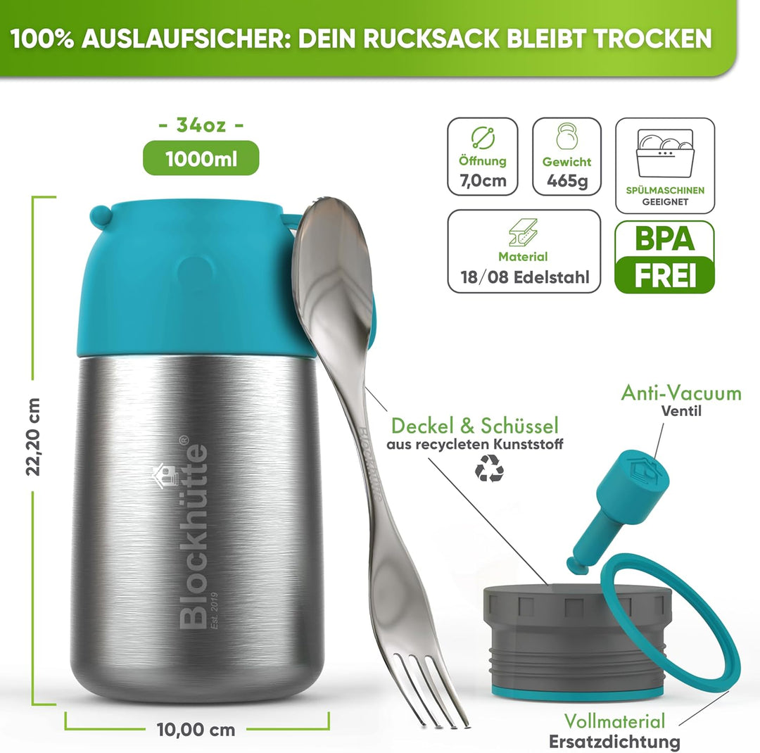 Blockhütte Edelstahl Thermobehälter I 1L l Essen warmhalten Behälter, auslaufsicher I Thermos Essens