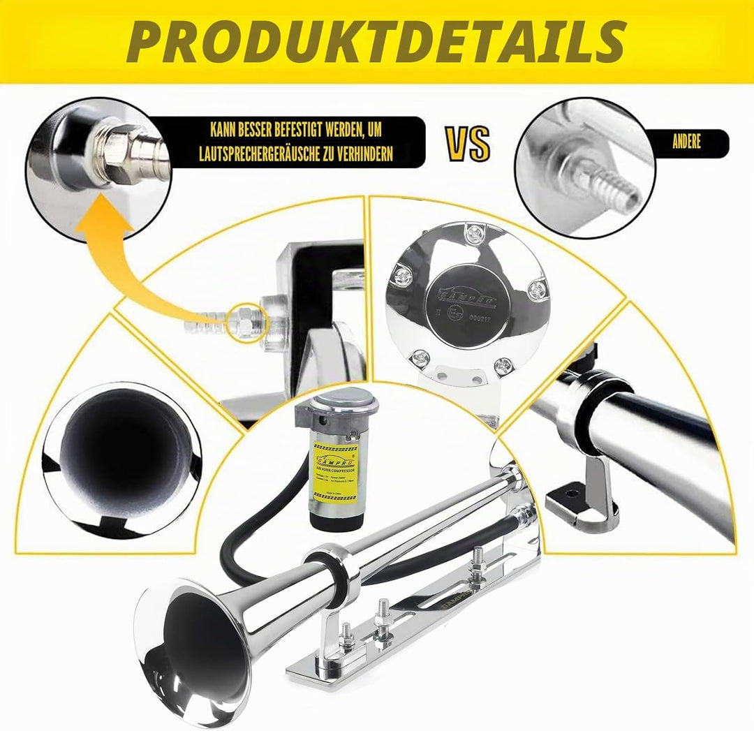 12 V 150 dB Lufthupe, 45,7 cm, Chrom, Zink, Einzeltrompete, LKW, Lufthupe, mit Halterung, für alle 1