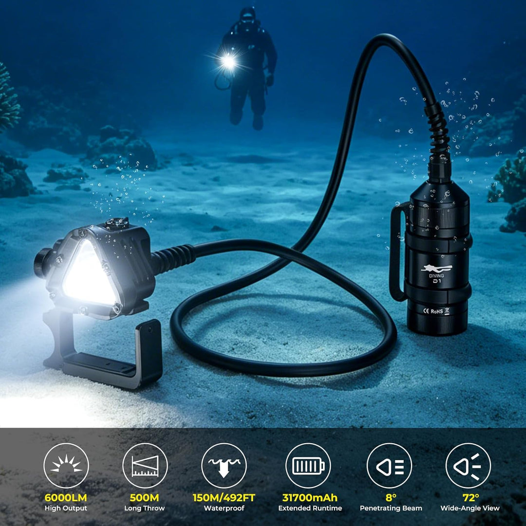 Wurkkos D1 Professionelle Tauchleuchte, 6000 Lumen, 8° Spot+72° Flood, 660nm Rot &amp; 365nm UV, 150m wa