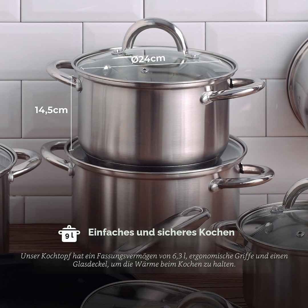 RENBERG Alexander | Kochtopf | Topf 24 x 14,5 cm und 6,3 Liter mit Glasdeckel | Edelstahl | Küchenzu