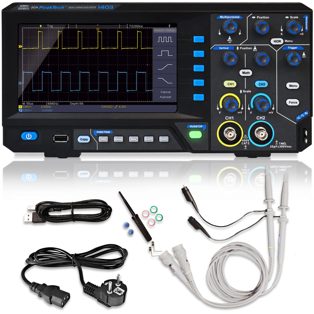 PeakTech 1403, Digital Speicher Oszilloskop, 2 Kanal, 50 MHz, 500 MS/s, USB Schnittstelle, PC Softwa
