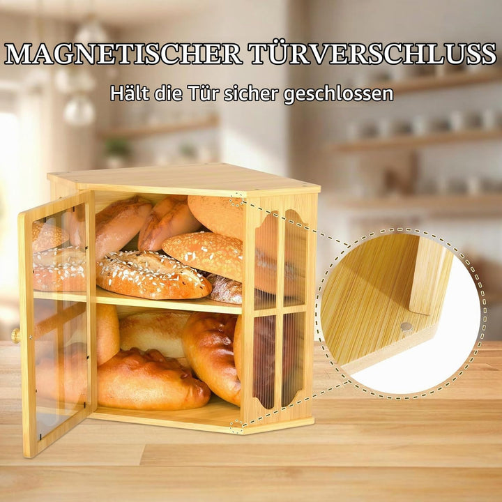 Bambus Brotkasten, Küche Ecke Brotbehälter mit 2 Etagen und Sichtfenster | Brotaufbewahrung Brotbox