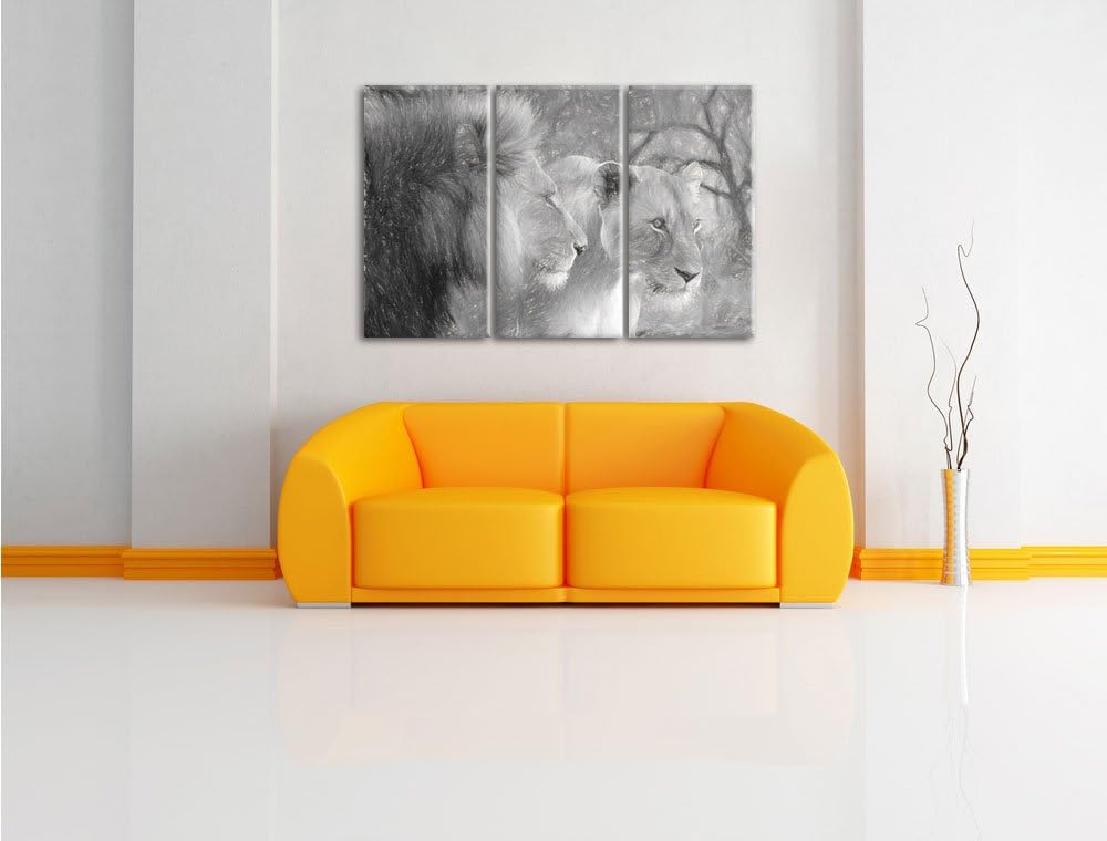 Pixxprint stolzes Löwenpaar Kunst als Leinwandbild | Grösse: 3 Teilig (120x80) | Wandbild| Kunstdruc