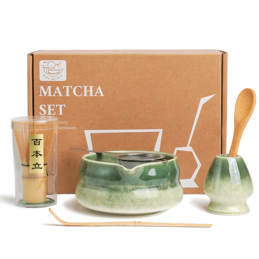 Premium Matcha Set 6-teilig – Exklusives Matcha Tee Set mit Bambus-Chasen (Besen), Dunkelgrün Kerami