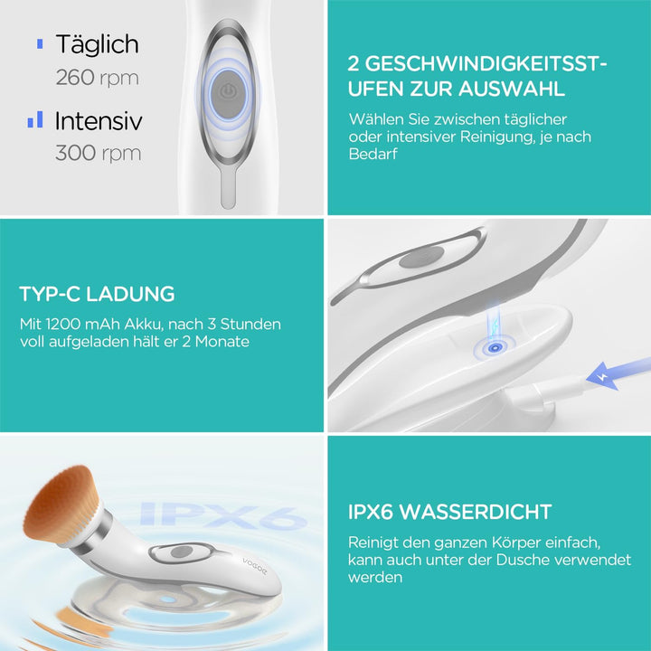 VOGOE Gesichtsreinigungsbürste elektrische, Wiederaufladbar Reinigungsbürste Gesicht IPX6 Wasserdich