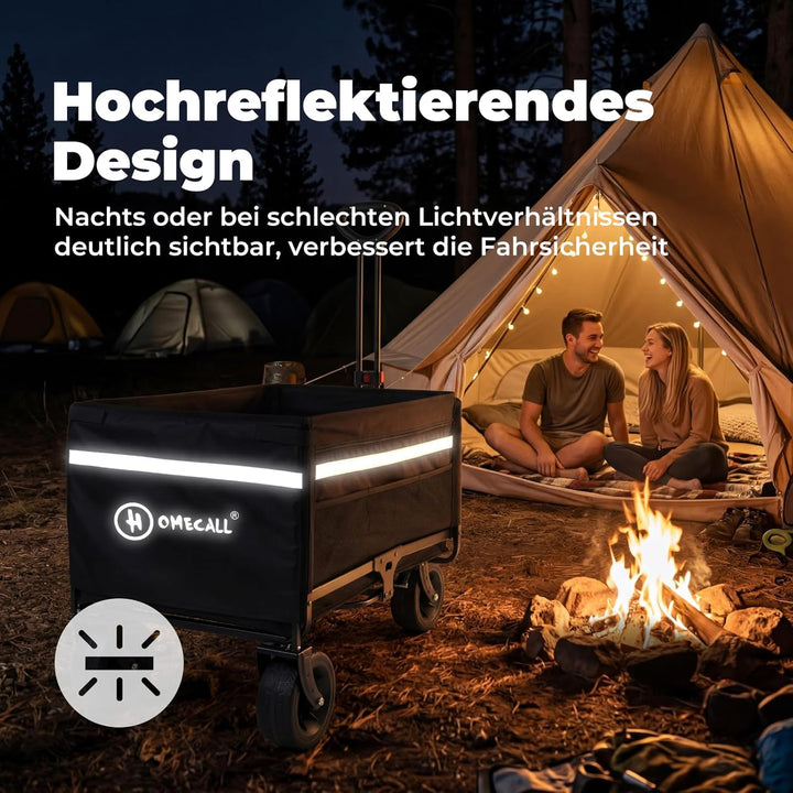 Bollerwagen Faltbar 120L Strandwagen Klappbar mit Heckklappe Regenschutz, Bremsen, Reflektorstreifen