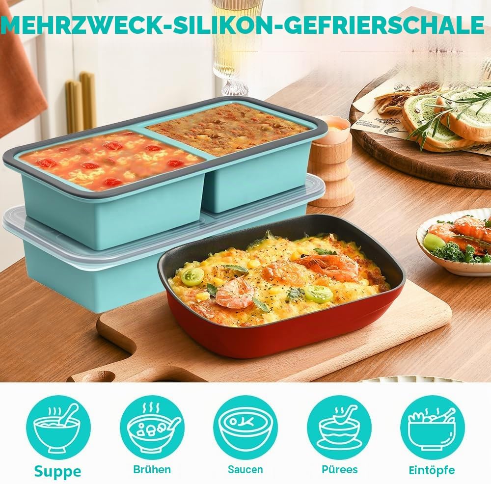 2 Stück Silikon Gefriertablett mit Deckel, 500ml Suppen Einfrieren Behälter mit 2 Fächern, Suppe Gef
