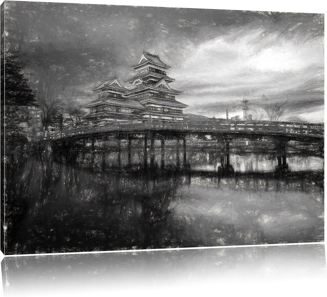 Pixxprint asiatischer Tempel an See als Leinwandbild/Grösse: 100x70 cm/Wandbild/Kunstdruck/fertig be