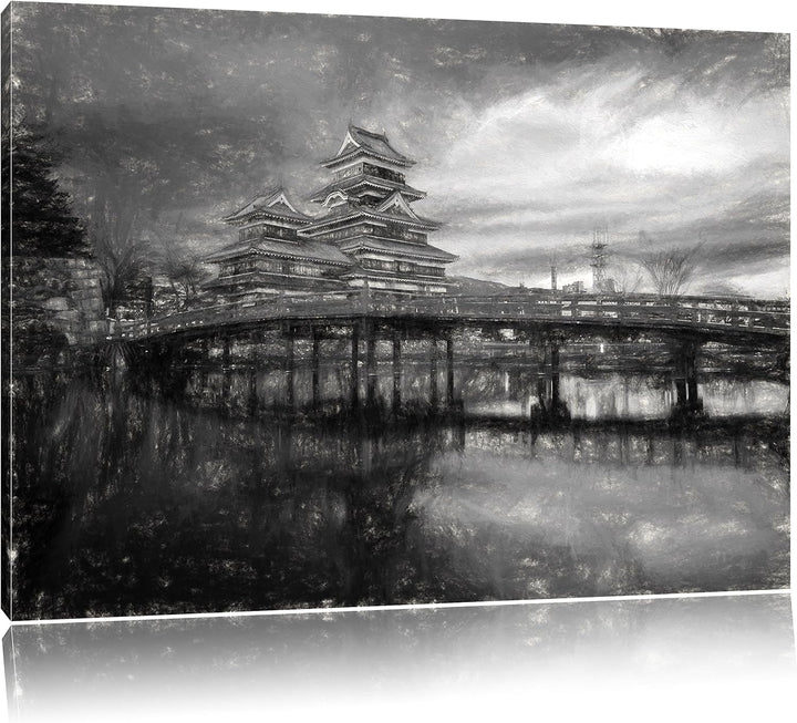 Pixxprint asiatischer Tempel an See als Leinwandbild/Grösse: 100x70 cm/Wandbild/Kunstdruck/fertig be
