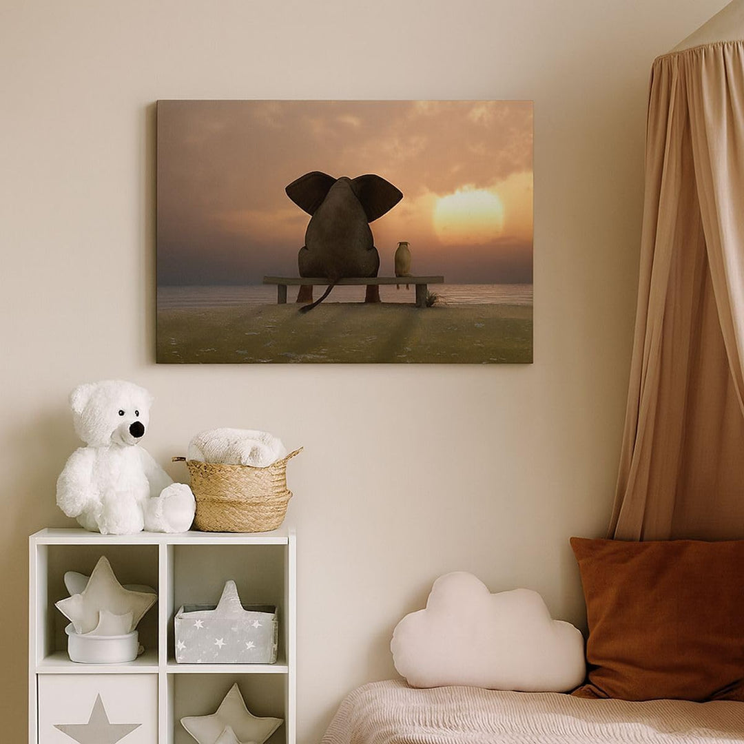 Bilder auf Leinwand 100x70cm Leinwandbild mit Rahmen Elefant Ufer Meer Gross Wanddeko Bild Schlafzim