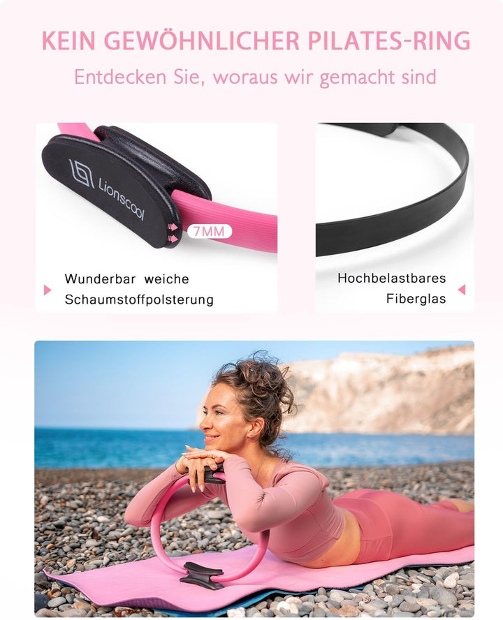 LIONSCOOL Pilates-Ring-Set – 14“/35cm Magic Circle mit Doppelgriffen – Inkl. platzfestem Miniball, W