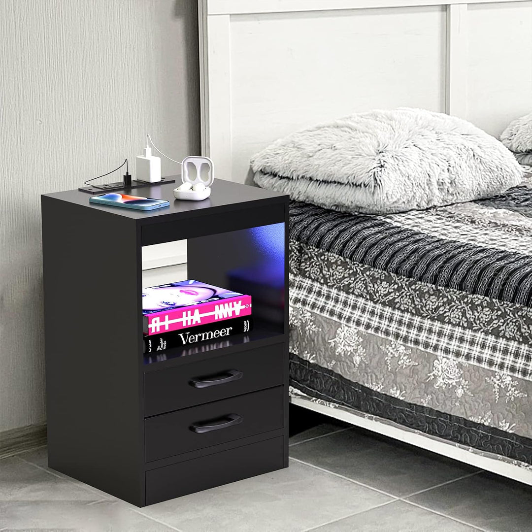 Lvhecforhm Nachttisch Schwarz mit LED-Beleuchtung, Nachttisch mit 2 AC-Steckdosen, 2 USB-Anschlüsse,