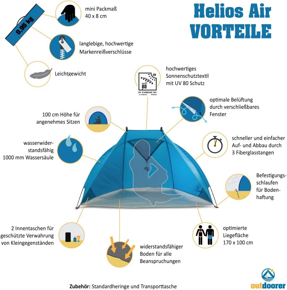 outdoorer Strandmuschel Helios Air - Reise-Strandmuschel mit UV Schutz 80 & verschliessbarem Fenster