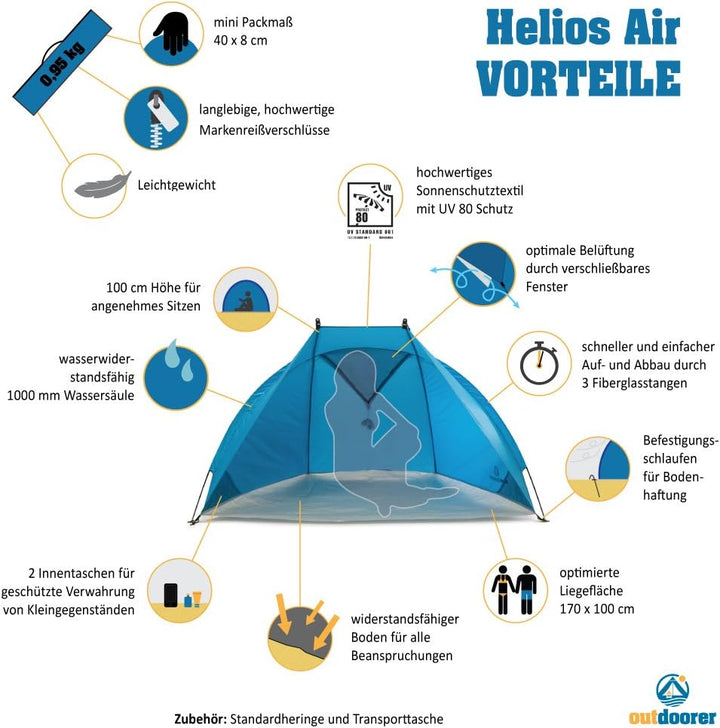 outdoorer Strandmuschel Helios Air - Reise-Strandmuschel mit UV Schutz 80 & verschliessbarem Fenster