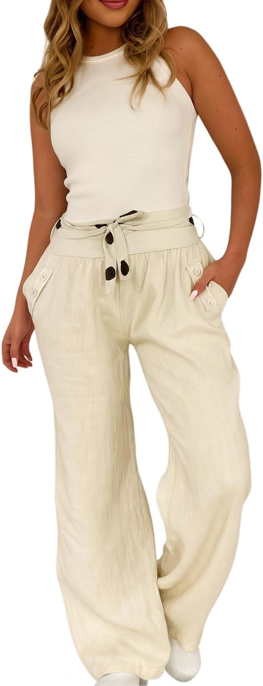 Mississhop Damen Leinenhose Freizeithose 100% Leinen Hose Elegante Stoffhose, XXL Beige