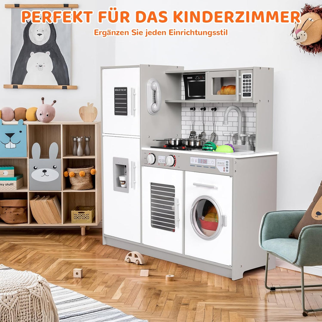 MAMIZO Kinderküche Holz, Spielküchen aus Holz für Kinder, Spielzeugküche mit Licht und Sound, 82x80x