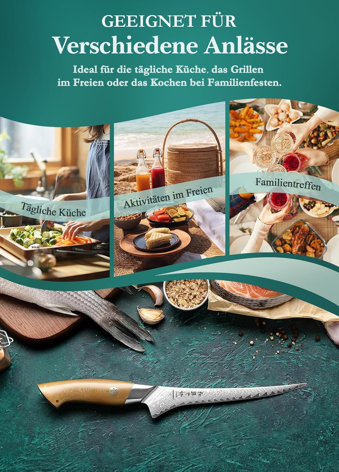 HEZHEN Damaststahl Filetiermesser, Professionelles Fischmesser, Damast Ausbeinmesser Profi, Full Tan