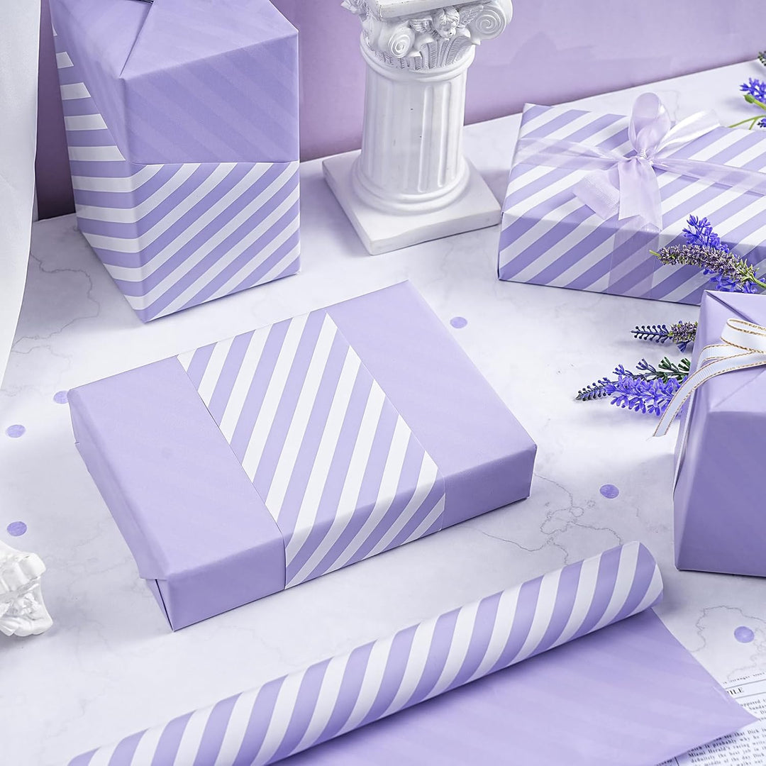 WRAPAHOLIC 76,2 cm wendbares lila Geschenkpapier – Jumbo-Rolle lila und gestreiftes Design für Gebur