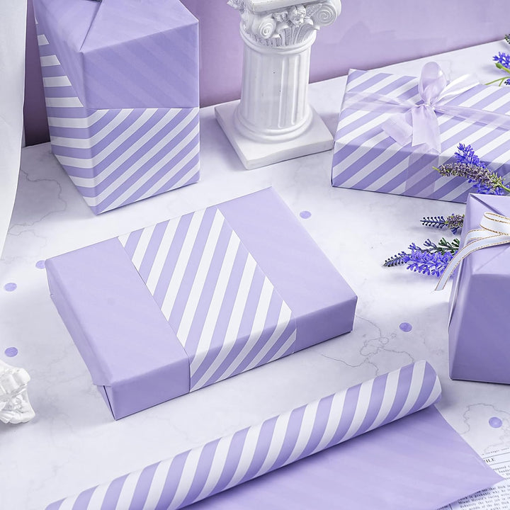 WRAPAHOLIC 76,2 cm wendbares lila Geschenkpapier – Jumbo-Rolle lila und gestreiftes Design für Gebur